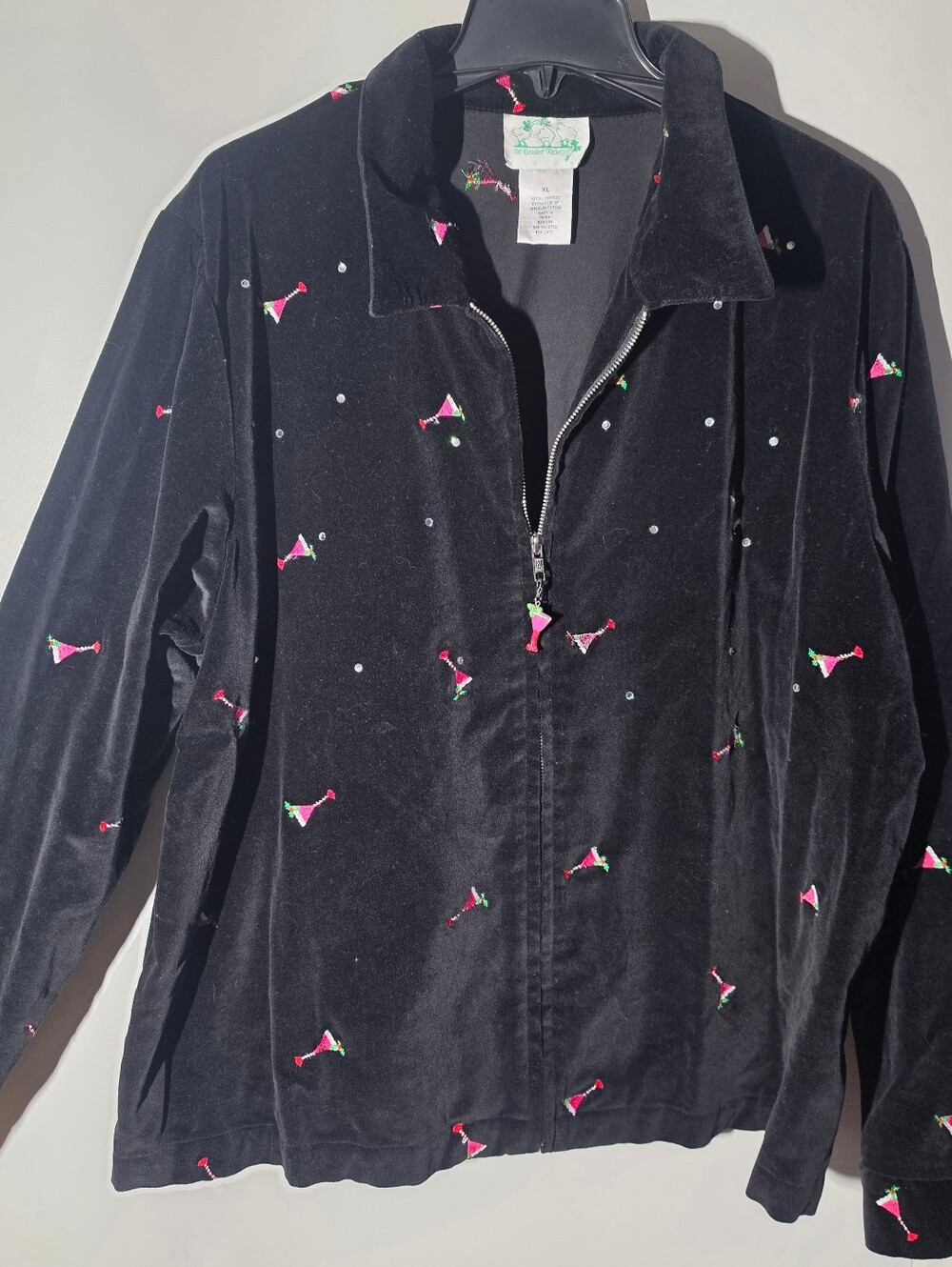 The Quaker Factory Martini Holiday Black Velvet Zip Bomber Jacket